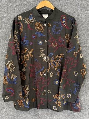Yi Lin Womens Silk Embroidered Artsy Button Up Top Size Large Black Long Sleeve